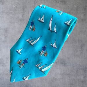 Vtg Polo Ralph Lauren Silk Tie Sailboat Captain Nautical Teal Blue USA Handmade